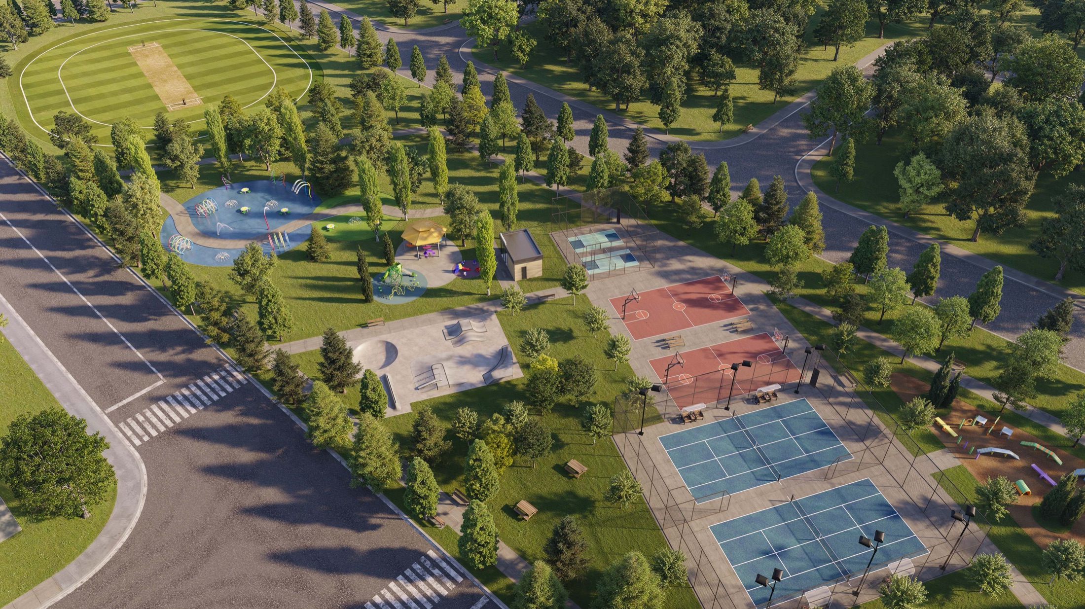 Aerial view of the WildField community park and amenity core